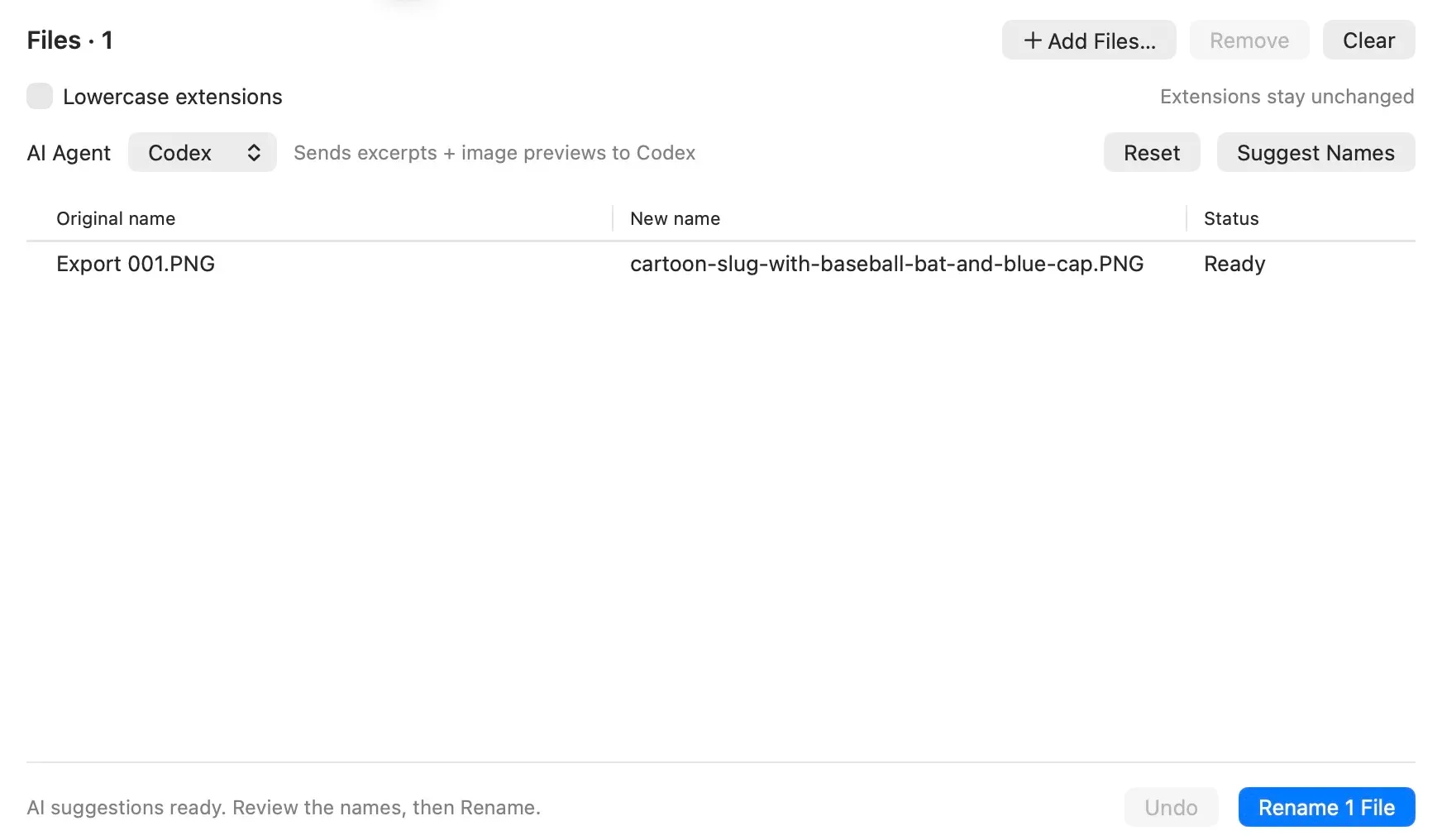Slugger with Codex selected, showing Export 001.PNG and the AI suggestion cartoon-slug-with-baseball-bat-and-blue-cap.PNG, ready for review before Rename