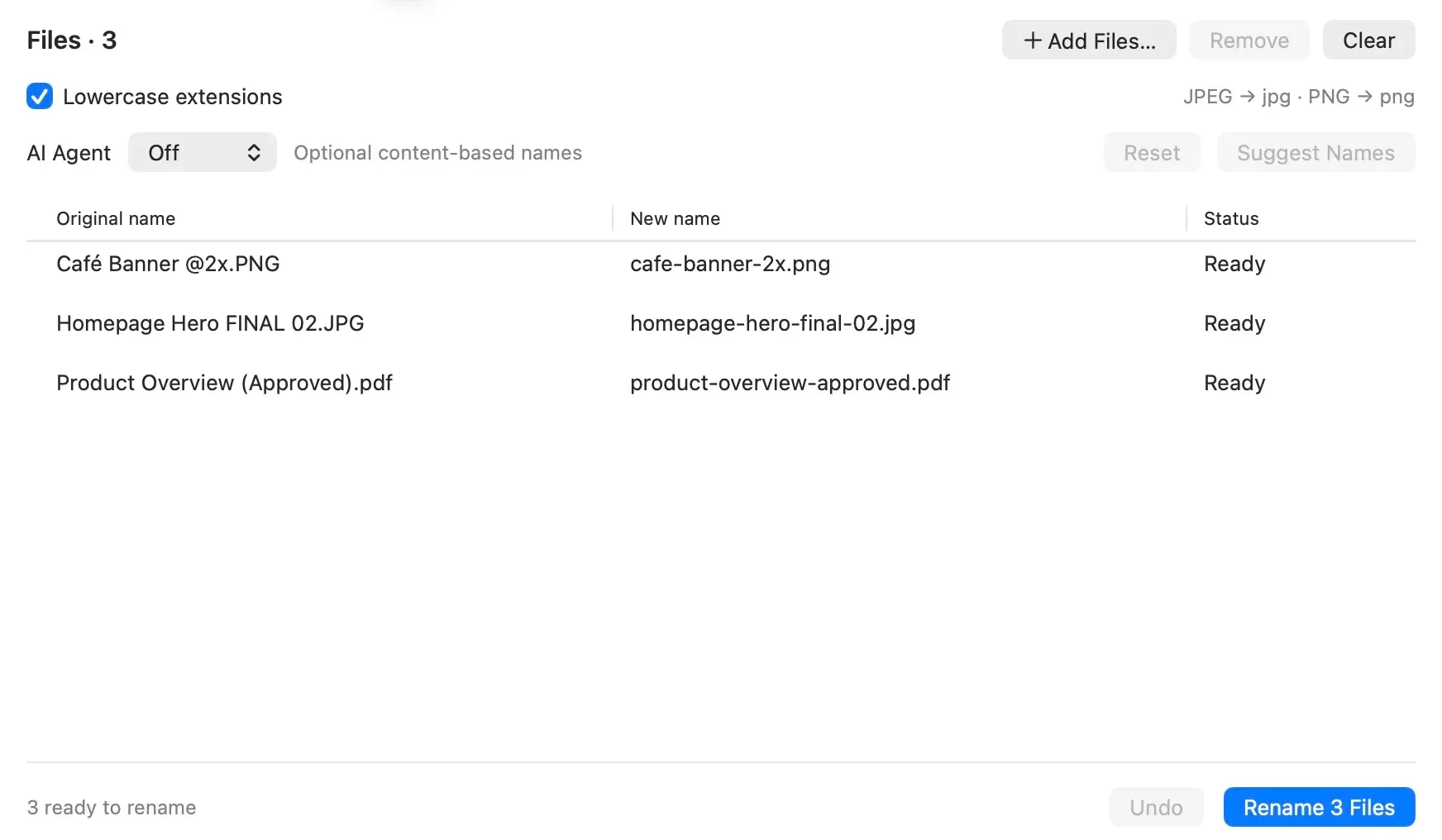 Slugger with Lowercase extensions enabled, previewing PNG becoming png and JPG becoming jpg