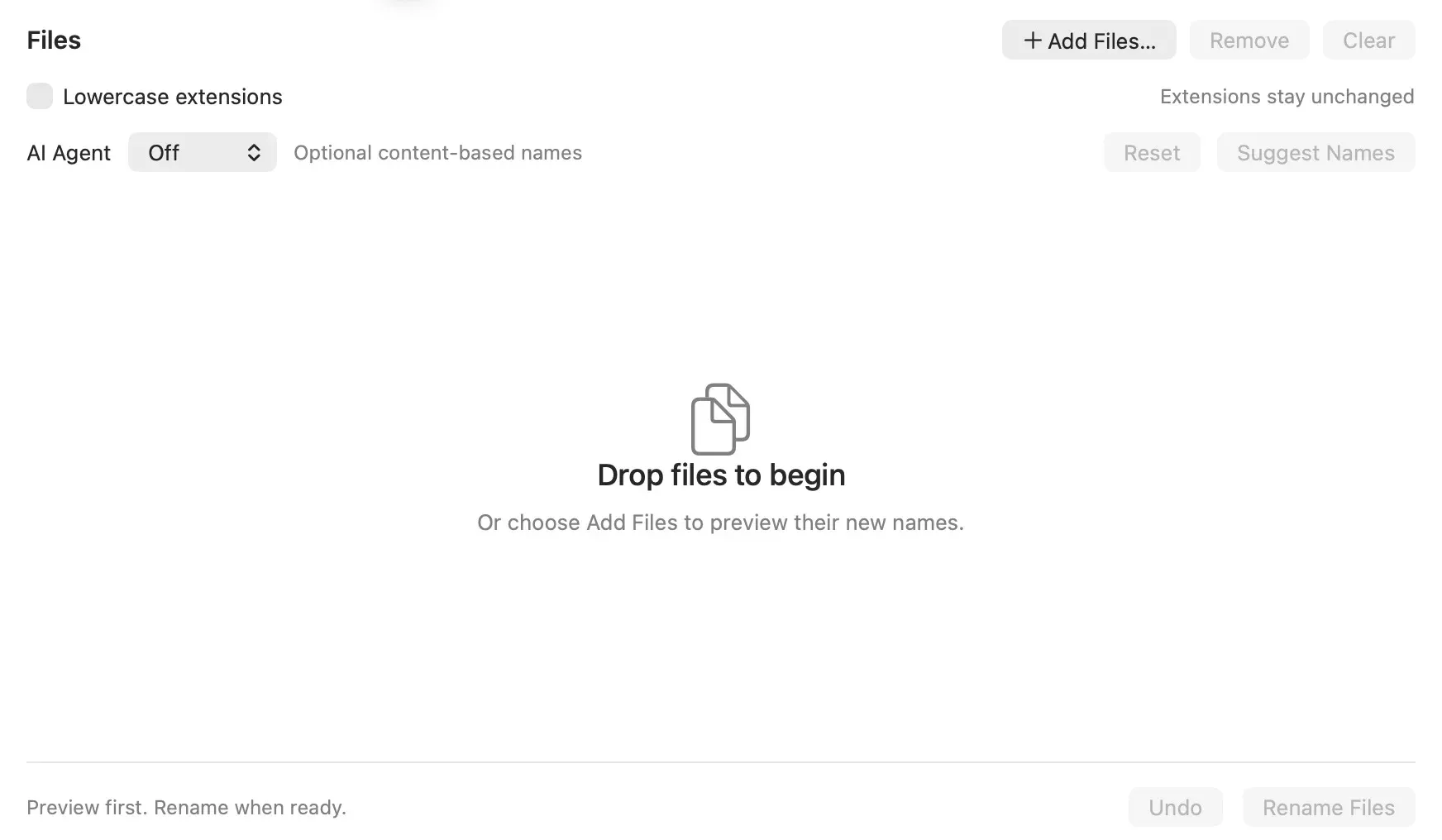 Slugger’s initial empty view with a central file-drop area, Add Files button, AI off, and Rename and Undo disabled